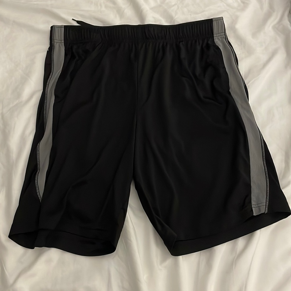Black mens sports shorts with gray stripe